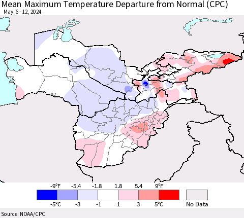Central Asia Mean Maximum Temperature Departure from Normal (CPC) Thematic Map For 5/6/2024 - 5/12/2024