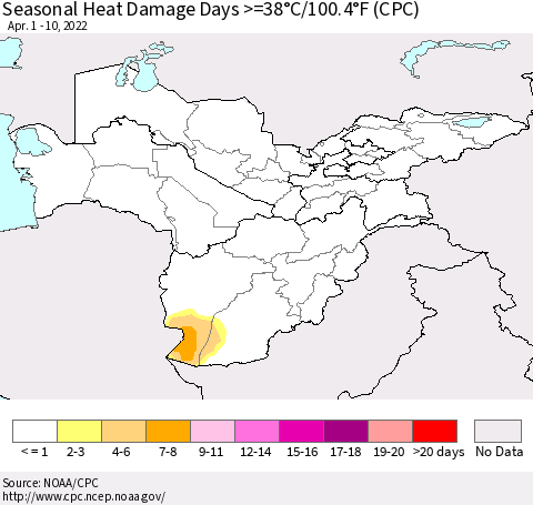 Central Asia Seasonal Heat Damage Days >=38°C/100°F (CPC) Thematic Map For 4/1/2022 - 4/10/2022