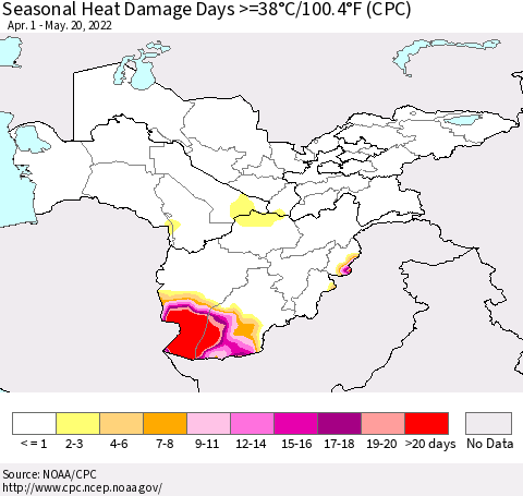 Central Asia Seasonal Heat Damage Days >=38°C/100°F (CPC) Thematic Map For 4/1/2022 - 5/20/2022
