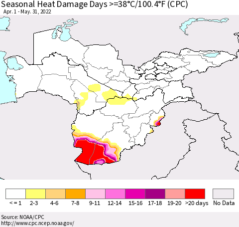 Central Asia Seasonal Heat Damage Days >=38°C/100°F (CPC) Thematic Map For 4/1/2022 - 5/31/2022