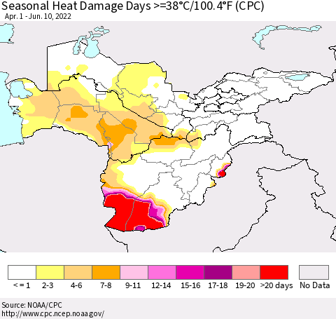 Central Asia Seasonal Heat Damage Days >=38°C/100°F (CPC) Thematic Map For 4/1/2022 - 6/10/2022