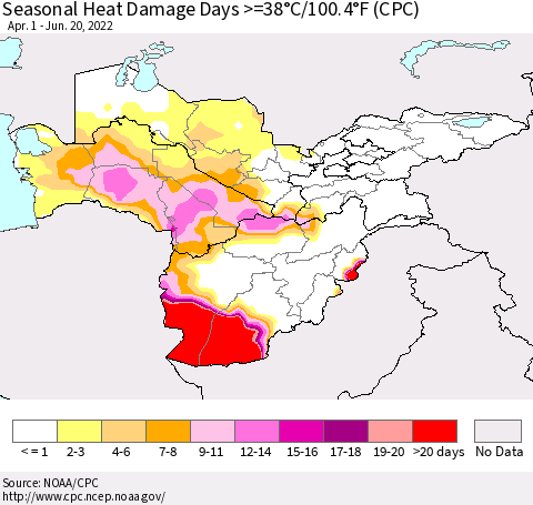 Central Asia Seasonal Heat Damage Days >=38°C/100°F (CPC) Thematic Map For 4/1/2022 - 6/20/2022