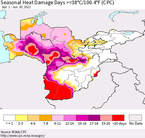 Central Asia Seasonal Heat Damage Days >=38°C/100°F (CPC) Thematic Map For 4/1/2022 - 6/30/2022