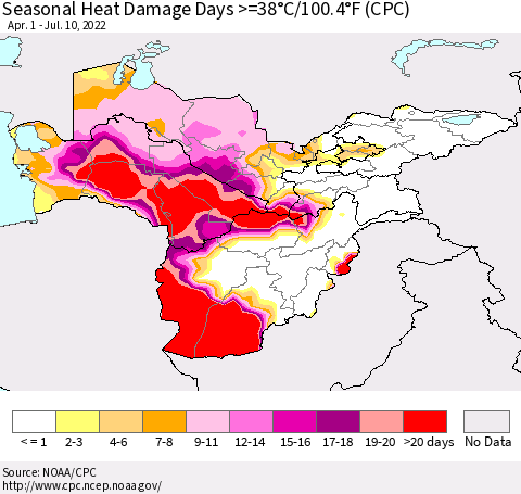 Central Asia Seasonal Heat Damage Days >=38°C/100°F (CPC) Thematic Map For 4/1/2022 - 7/10/2022