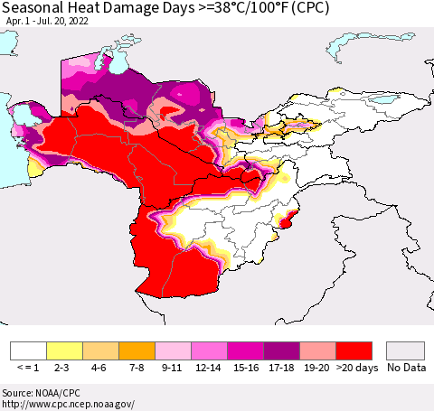 Central Asia Seasonal Heat Damage Days >=38°C/100°F (CPC) Thematic Map For 4/1/2022 - 7/20/2022