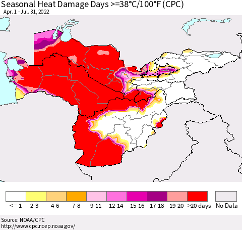 Central Asia Seasonal Heat Damage Days >=38°C/100°F (CPC) Thematic Map For 4/1/2022 - 7/31/2022