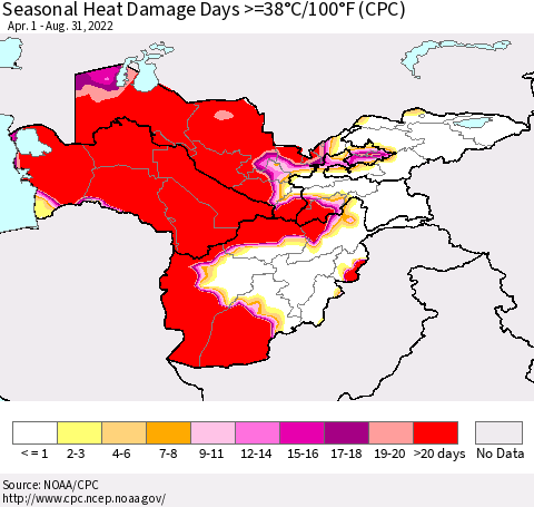 Central Asia Seasonal Heat Damage Days >=38°C/100°F (CPC) Thematic Map For 4/1/2022 - 8/31/2022