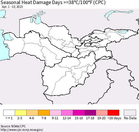 Central Asia Seasonal Heat Damage Days >=38°C/100°F (CPC) Thematic Map For 4/1/2023 - 4/10/2023