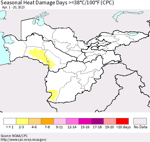 Central Asia Seasonal Heat Damage Days >=38°C/100°F (CPC) Thematic Map For 4/1/2023 - 4/20/2023