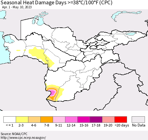 Central Asia Seasonal Heat Damage Days >=38°C/100°F (CPC) Thematic Map For 4/1/2023 - 5/10/2023