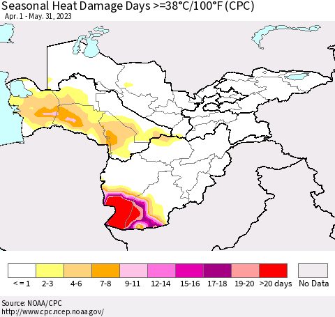 Central Asia Seasonal Heat Damage Days >=38°C/100°F (CPC) Thematic Map For 4/1/2023 - 5/31/2023