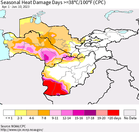 Central Asia Seasonal Heat Damage Days >=38°C/100°F (CPC) Thematic Map For 4/1/2023 - 6/10/2023