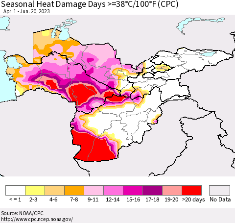 Central Asia Seasonal Heat Damage Days >=38°C/100°F (CPC) Thematic Map For 4/1/2023 - 6/20/2023