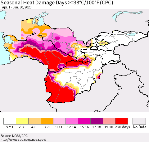 Central Asia Seasonal Heat Damage Days >=38°C/100°F (CPC) Thematic Map For 4/1/2023 - 6/30/2023