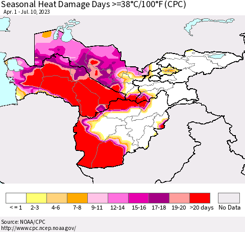 Central Asia Seasonal Heat Damage Days >=38°C/100°F (CPC) Thematic Map For 4/1/2023 - 7/10/2023