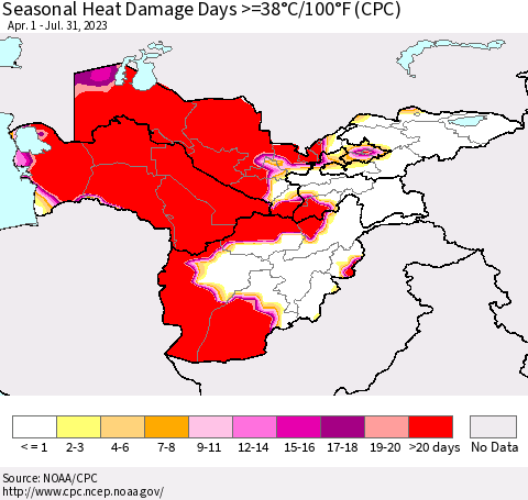 Central Asia Seasonal Heat Damage Days >=38°C/100°F (CPC) Thematic Map For 4/1/2023 - 7/31/2023