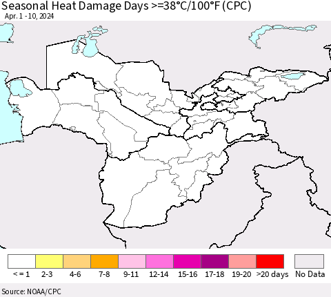 Central Asia Seasonal Heat Damage Days >=38°C/100°F (CPC) Thematic Map For 4/1/2024 - 4/10/2024