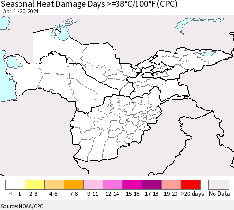 Central Asia Seasonal Heat Damage Days >=38°C/100°F (CPC) Thematic Map For 4/1/2024 - 4/20/2024