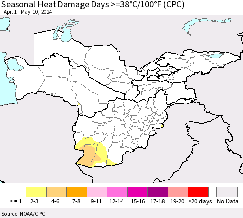 Central Asia Seasonal Heat Damage Days >=38°C/100°F (CPC) Thematic Map For 4/1/2024 - 5/10/2024