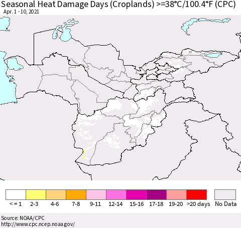 Central Asia Seasonal Heat Damage Days (Croplands) >=38°C/100°F (CPC) Thematic Map For 4/1/2021 - 4/10/2021