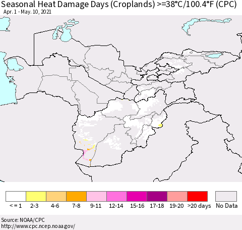 Central Asia Seasonal Heat Damage Days (Croplands) >=38°C/100°F (CPC) Thematic Map For 4/1/2021 - 5/10/2021