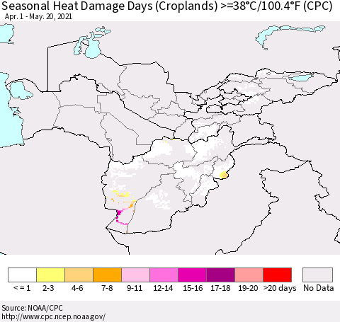 Central Asia Seasonal Heat Damage Days (Croplands) >=38°C/100°F (CPC) Thematic Map For 4/1/2021 - 5/20/2021