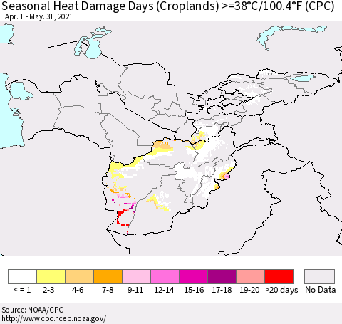 Central Asia Seasonal Heat Damage Days (Croplands) >=38°C/100°F (CPC) Thematic Map For 4/1/2021 - 5/31/2021