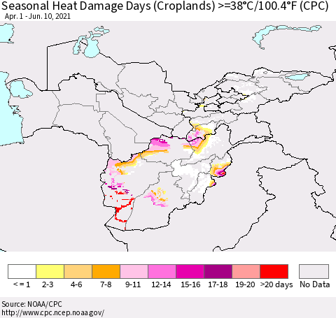 Central Asia Seasonal Heat Damage Days (Croplands) >=38°C/100°F (CPC) Thematic Map For 4/1/2021 - 6/10/2021