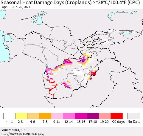 Central Asia Seasonal Heat Damage Days (Croplands) >=38°C/100°F (CPC) Thematic Map For 4/1/2021 - 6/20/2021