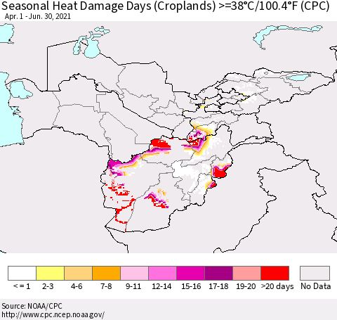 Central Asia Seasonal Heat Damage Days (Croplands) >=38°C/100°F (CPC) Thematic Map For 4/1/2021 - 6/30/2021