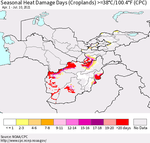 Central Asia Seasonal Heat Damage Days (Croplands) >=38°C/100°F (CPC) Thematic Map For 4/1/2021 - 7/10/2021