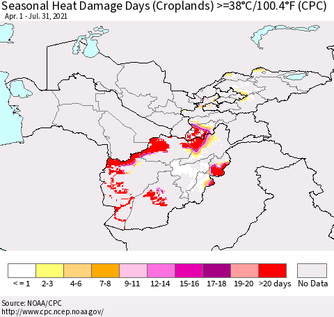Central Asia Seasonal Heat Damage Days (Croplands) >=38°C/100°F (CPC) Thematic Map For 4/1/2021 - 7/31/2021