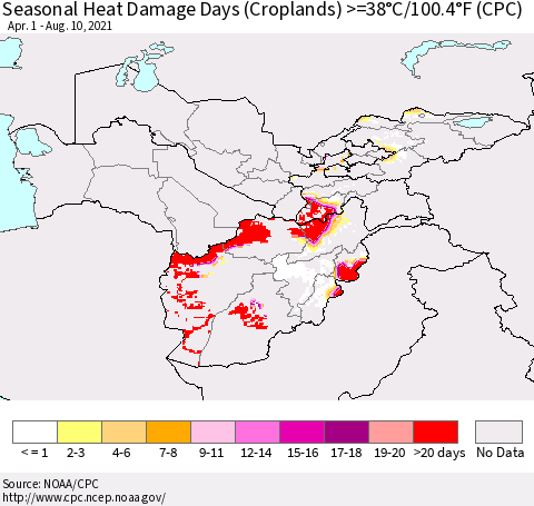 Central Asia Seasonal Heat Damage Days (Croplands) >=38°C/100°F (CPC) Thematic Map For 4/1/2021 - 8/10/2021