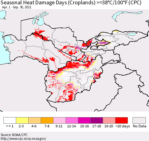 Central Asia Seasonal Heat Damage Days (Croplands) >=38°C/100°F (CPC) Thematic Map For 4/1/2021 - 9/30/2021