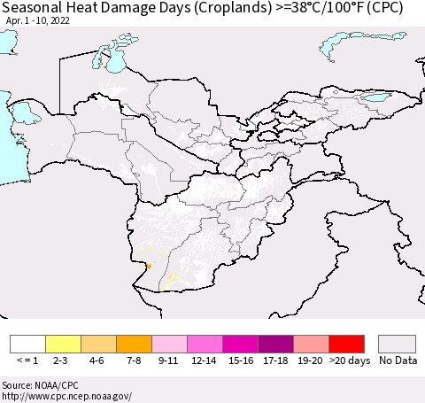 Central Asia Seasonal Heat Damage Days (Croplands) >=38°C/100°F (CPC) Thematic Map For 4/1/2022 - 4/10/2022