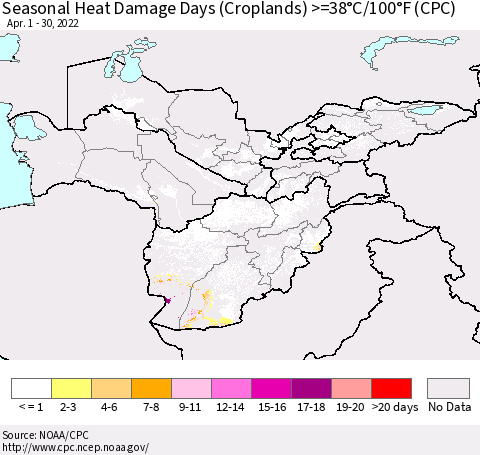 Central Asia Seasonal Heat Damage Days (Croplands) >=38°C/100°F (CPC) Thematic Map For 4/1/2022 - 4/30/2022