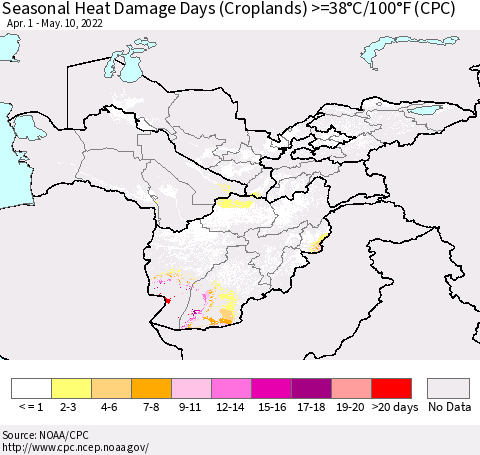 Central Asia Seasonal Heat Damage Days (Croplands) >=38°C/100°F (CPC) Thematic Map For 4/1/2022 - 5/10/2022
