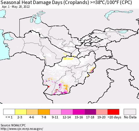 Central Asia Seasonal Heat Damage Days (Croplands) >=38°C/100°F (CPC) Thematic Map For 4/1/2022 - 5/20/2022