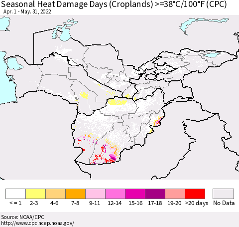 Central Asia Seasonal Heat Damage Days (Croplands) >=38°C/100°F (CPC) Thematic Map For 4/1/2022 - 5/31/2022