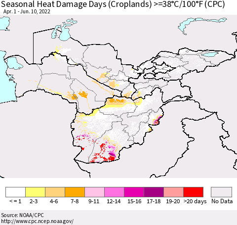 Central Asia Seasonal Heat Damage Days (Croplands) >=38°C/100°F (CPC) Thematic Map For 4/1/2022 - 6/10/2022
