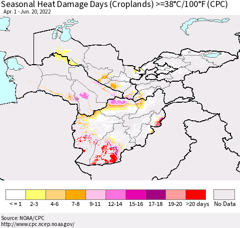 Central Asia Seasonal Heat Damage Days (Croplands) >=38°C/100°F (CPC) Thematic Map For 4/1/2022 - 6/20/2022