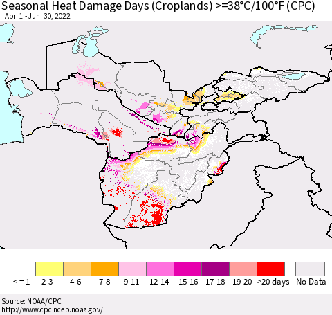 Central Asia Seasonal Heat Damage Days (Croplands) >=38°C/100°F (CPC) Thematic Map For 4/1/2022 - 6/30/2022