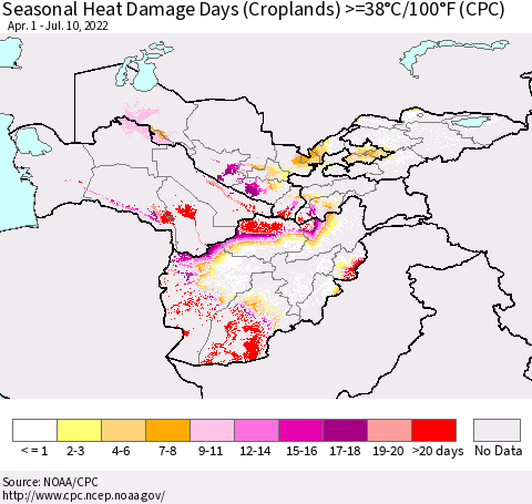 Central Asia Seasonal Heat Damage Days (Croplands) >=38°C/100°F (CPC) Thematic Map For 4/1/2022 - 7/10/2022