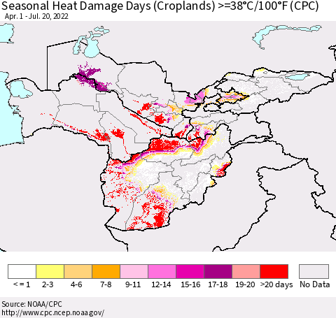 Central Asia Seasonal Heat Damage Days (Croplands) >=38°C/100°F (CPC) Thematic Map For 4/1/2022 - 7/20/2022