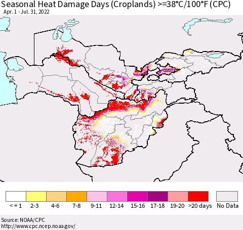 Central Asia Seasonal Heat Damage Days (Croplands) >=38°C/100°F (CPC) Thematic Map For 4/1/2022 - 7/31/2022