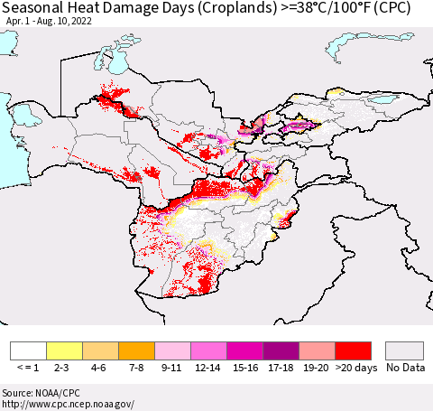 Central Asia Seasonal Heat Damage Days (Croplands) >=38°C/100°F (CPC) Thematic Map For 4/1/2022 - 8/10/2022