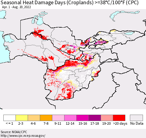 Central Asia Seasonal Heat Damage Days (Croplands) >=38°C/100°F (CPC) Thematic Map For 4/1/2022 - 8/20/2022