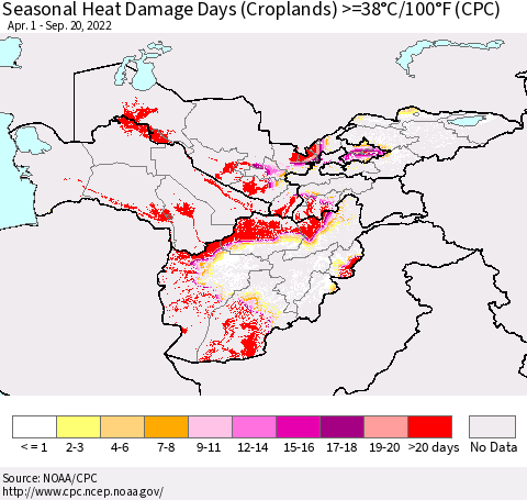Central Asia Seasonal Heat Damage Days (Croplands) >=38°C/100°F (CPC) Thematic Map For 4/1/2022 - 9/20/2022
