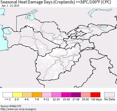 Central Asia Seasonal Heat Damage Days (Croplands) >=38°C/100°F (CPC) Thematic Map For 4/1/2023 - 4/10/2023