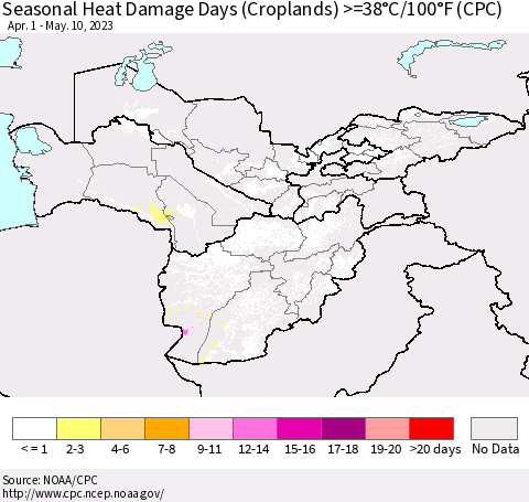 Central Asia Seasonal Heat Damage Days (Croplands) >=38°C/100°F (CPC) Thematic Map For 4/1/2023 - 5/10/2023